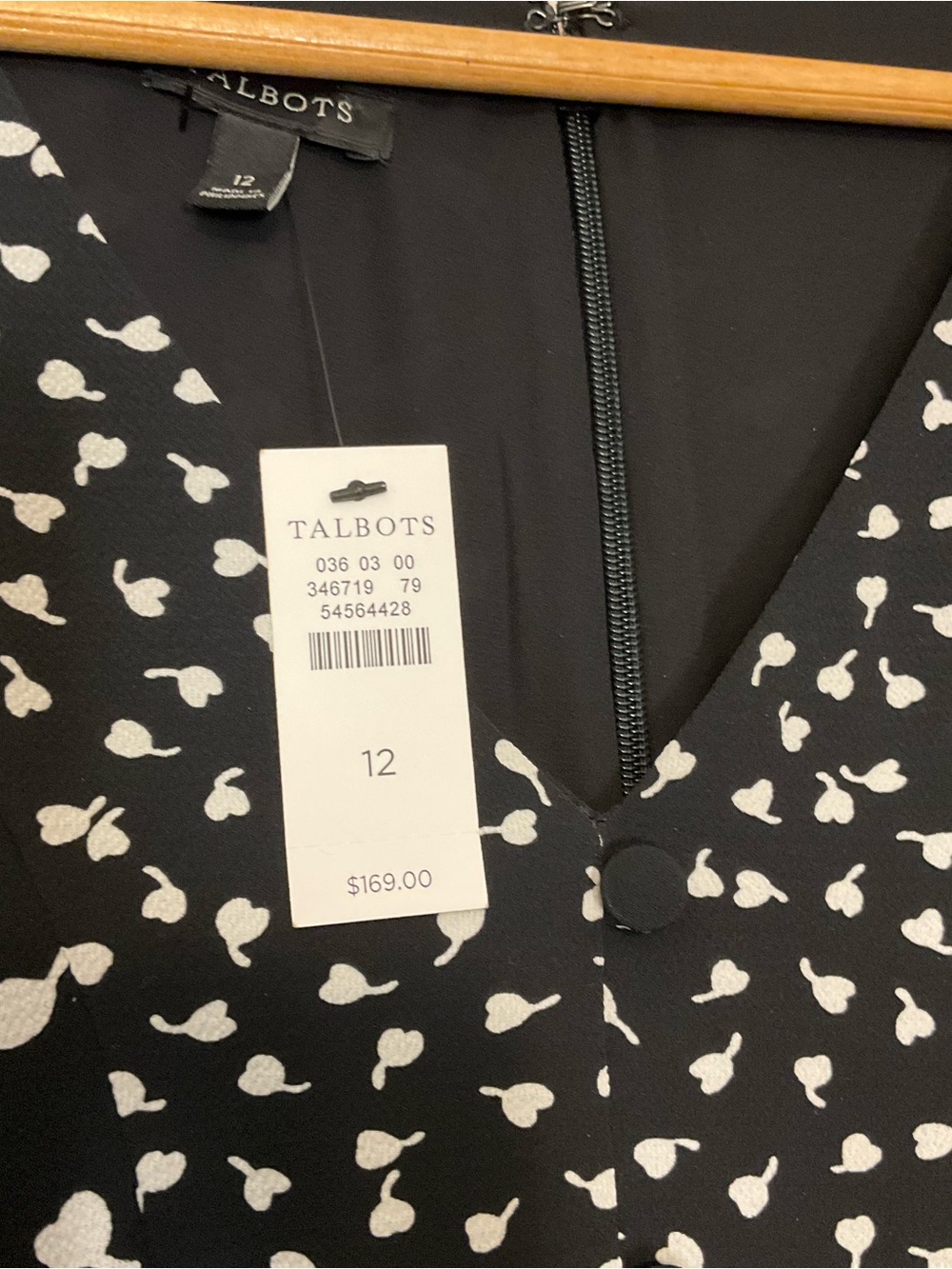 TALBOTS sz 12 Dress Black & White V-Neck Printed Midi Flutter Sleeves NWT - Picture 7 of 9